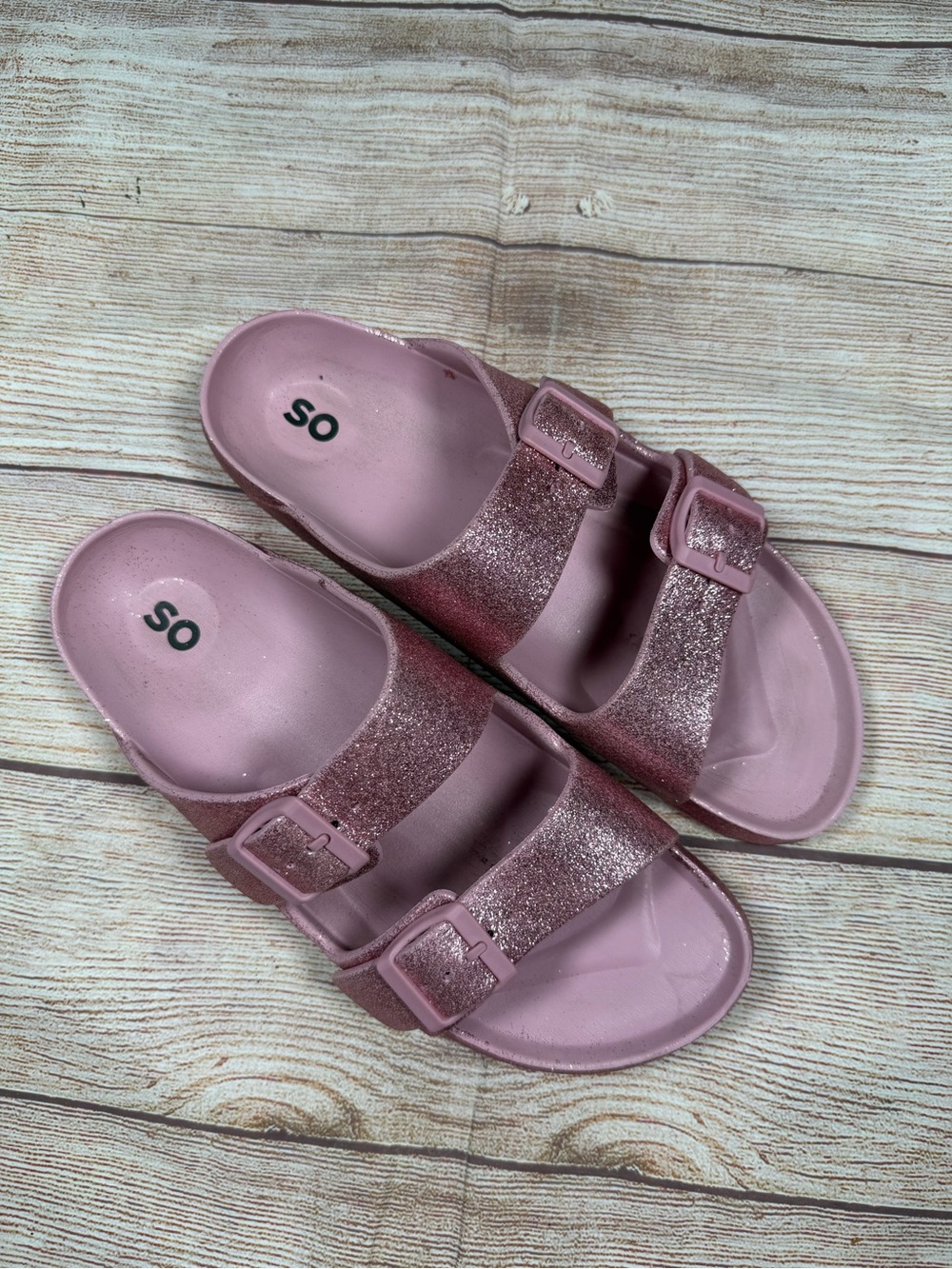 SO Glittery Pink Dual-Buckle Slide Sandals - Sparkly, Mermaid, Shimmer